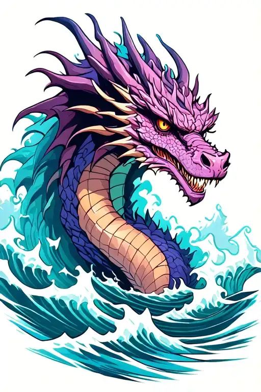 Ice Dragon Emerging From Waves Crashing In The Background