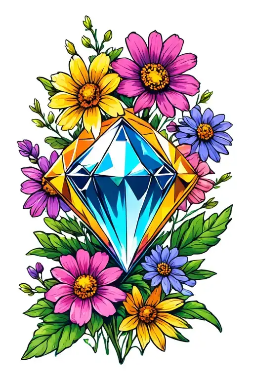 Diamond Gem With Wildflowers Behind Vintage Design
