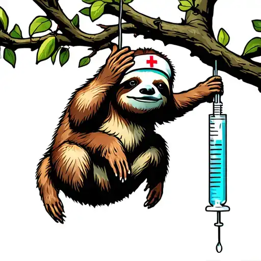 Nurse Sloth Hanging From Tree With Old Fashion Syringe