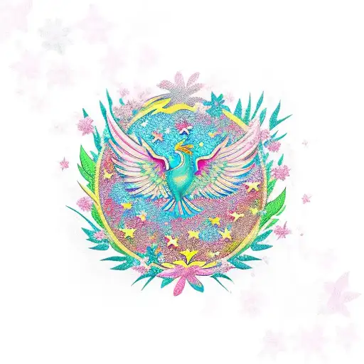 Phoenix With Flowers And Stars