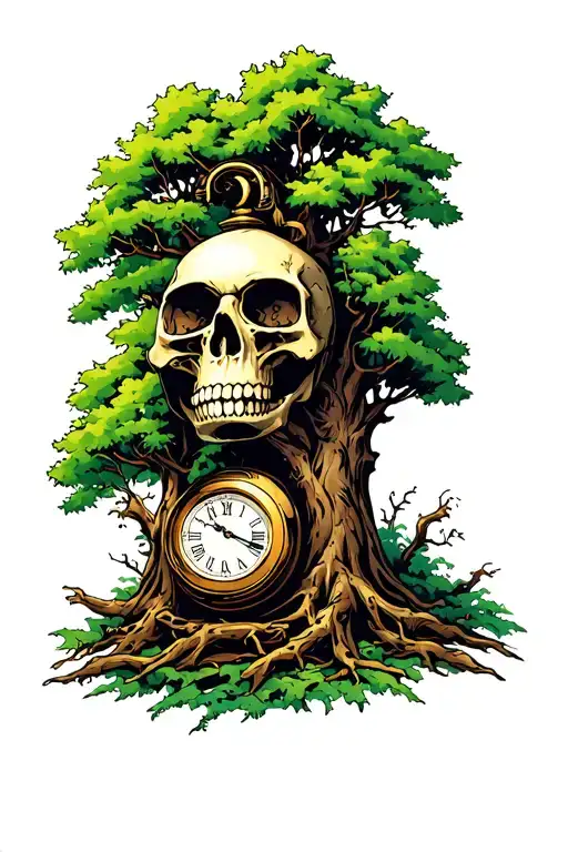 A Skull With A Clock And Trees Grow Old Without Seeing
