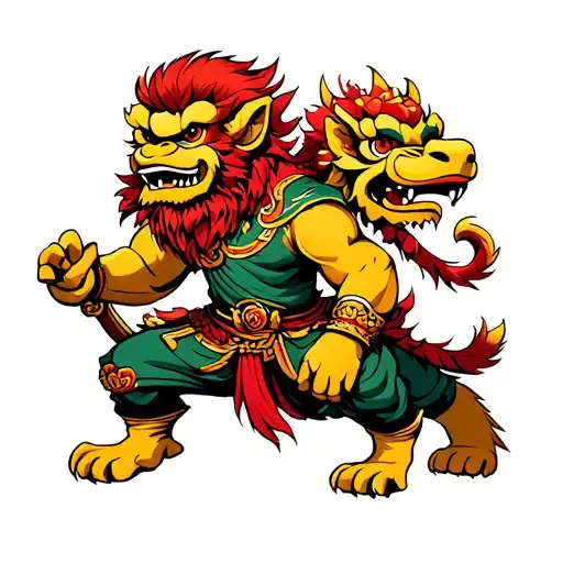 Wukong With Foo Dog Tattoo Design Featuring
