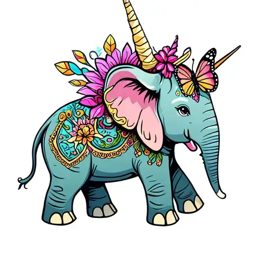 Elephant With A Unicorn On Its Back And A Butterfly On The Trunk