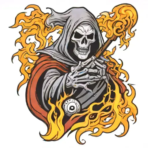 Hand Tattoo Of Grim Reaper Holding 8 Ball On Fire Flames