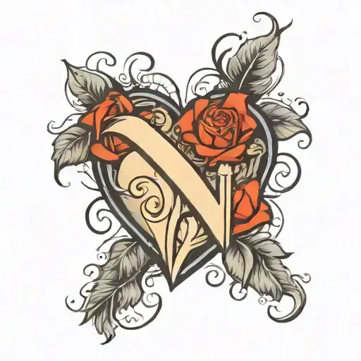 Heart Tatoo Witha Rose Filling The Full Inside Of It And The Letter N Prominant