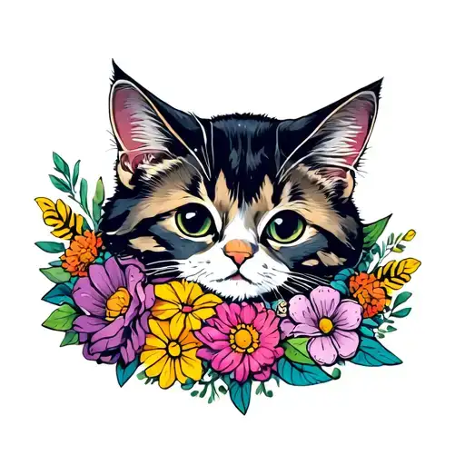 Outer Space Cat Curled Around Flowers Intertwined