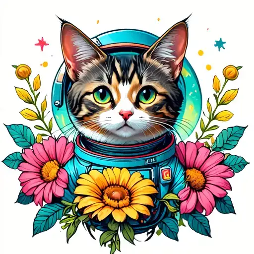 Cat In Outer Space Suit Curled Around Flowers Intertwined