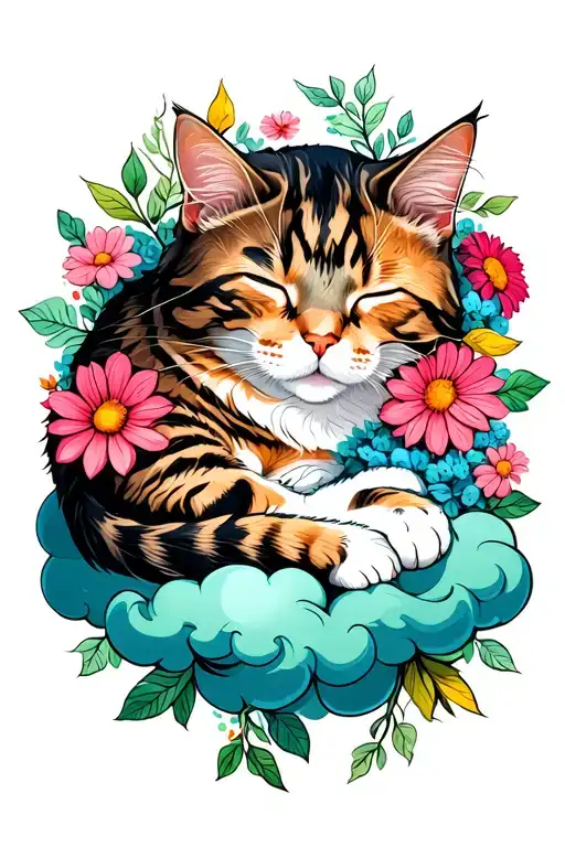 Cat Sleeping On Cloud Wrap Around Flowers