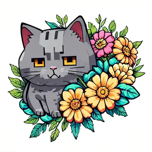 Grey Minecraft Cat Cloud Wrap Around With Flower Blooming