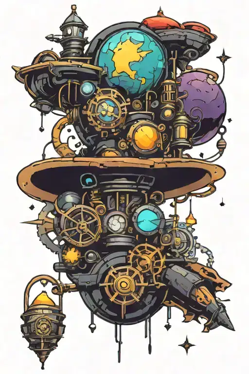 Steampunk Themed Space Tattoo With Dark Background And Vibrant Colors