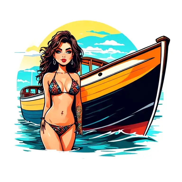 Cartoon Style Bikini Woman Next To Boat