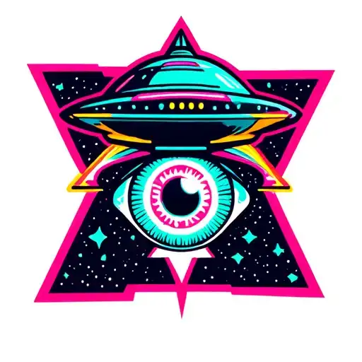 A Detailed But Simple Tattoo Design Featuring A Ufo And Illuminati Eye In 3D Anaglyph Style