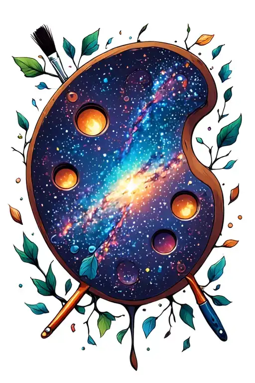 An Artist's Palette With A Galaxy Design And Tree Branches As Paintbrushes