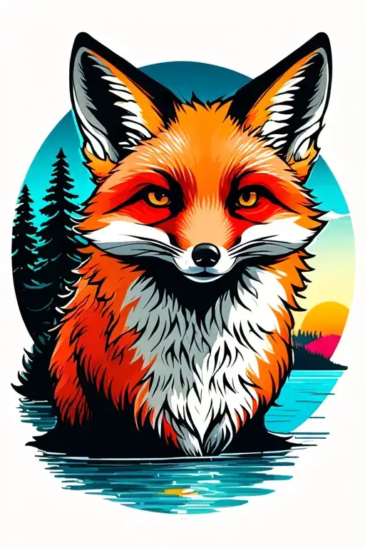 Red Fox With Pin Trees Colors Sunset Over Lake