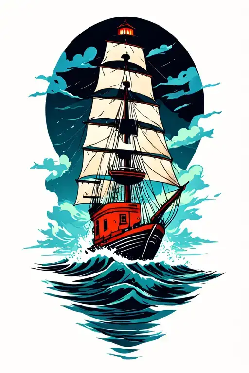 Ship Sailing Through Stormy Waters To A Light House