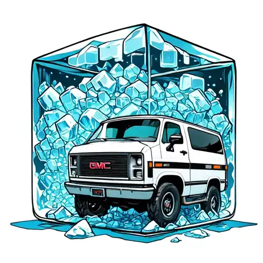 A Tattoo Design Of An Icecube With A White Gmc Safari Van Inside Of It