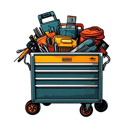 A Mechanic's Toolbox Overflowing With Camping Equipment And Fishing Gear