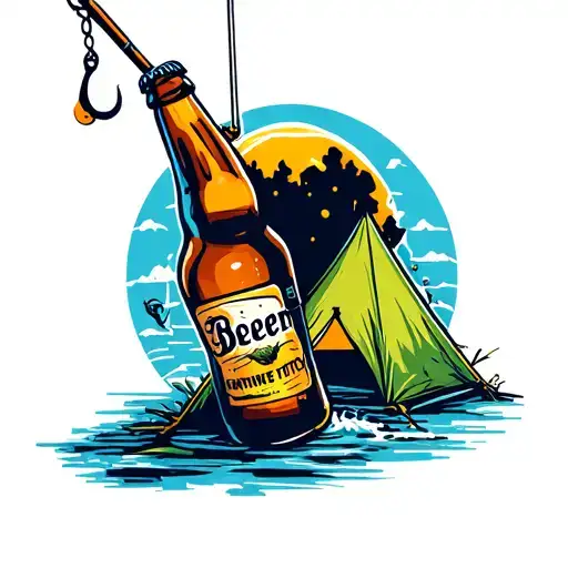 A Beer Bottle Morphing Into A Fishing Rod With A Hook Catching A Camping Tent
