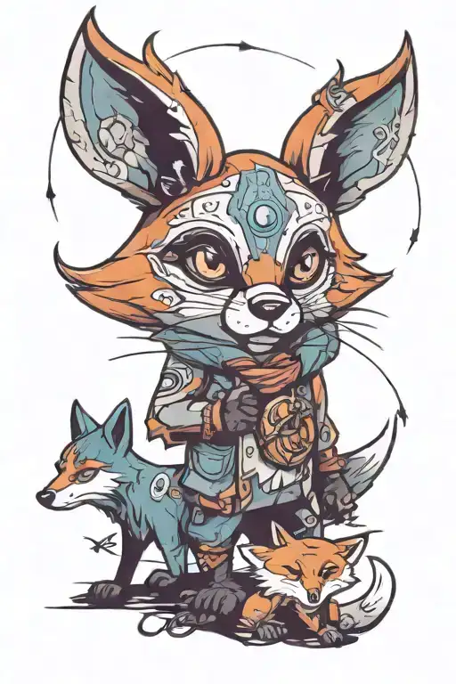 Fox And Little Fox Protected By A Bear More Colours