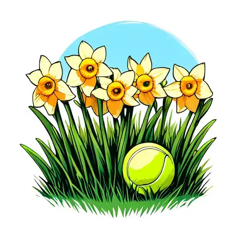 Green Field With Daffodils And A Tennis Ball