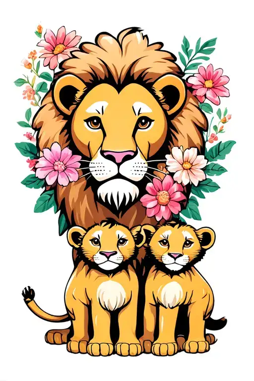 Lion And Cubs With Flowers