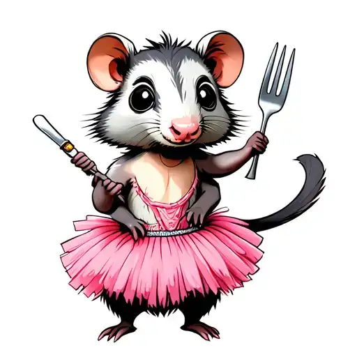 Cute Possum Wearing Pink Tutu Holding Fork