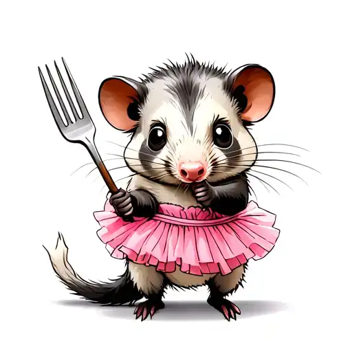 Cute Sketch Possum Holding Fork Wearing Pink Tutu