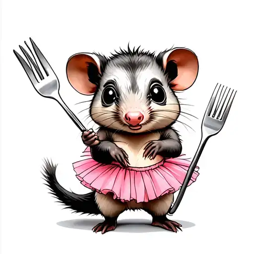 Cute Sketch Possum Holding Fork Wearing Pink Tutu