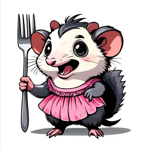 Open Mouth Cute Possum Wearing Pink Tutu Holding Fork