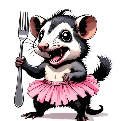 Open Mouth Cute Possum Wearing Pink Tutu Holding Fork