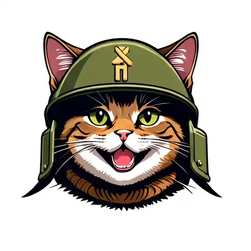 Cat With A Soldier Helment Smiling Deviusly