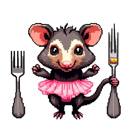 Pixelated Possum Wearing Pink Tutu Holding Fork