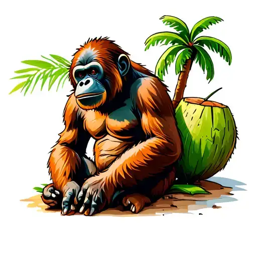 Orangutan Sitting Next To A Coconut Tree