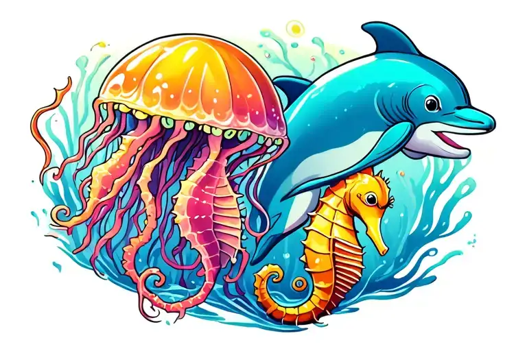 Jelly Fish With Seahorse And Dolphin