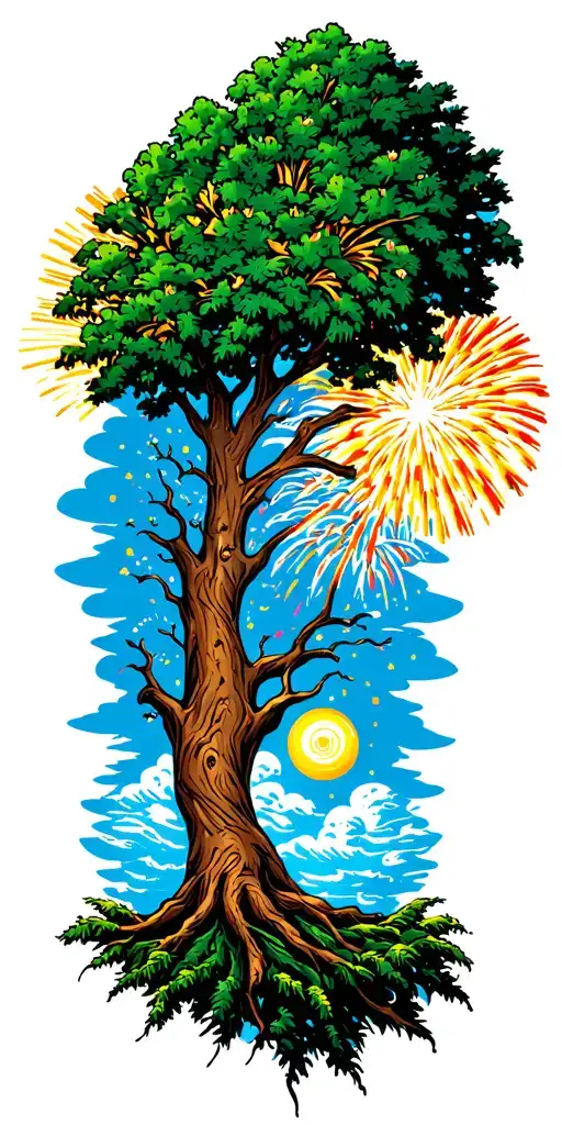 Tree Of Life With Fireworks Exploding In Background Leading Up To Clouds Going Into Heaven