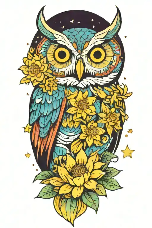 Colorful Owl With A Chrysanthemum And Starry Background