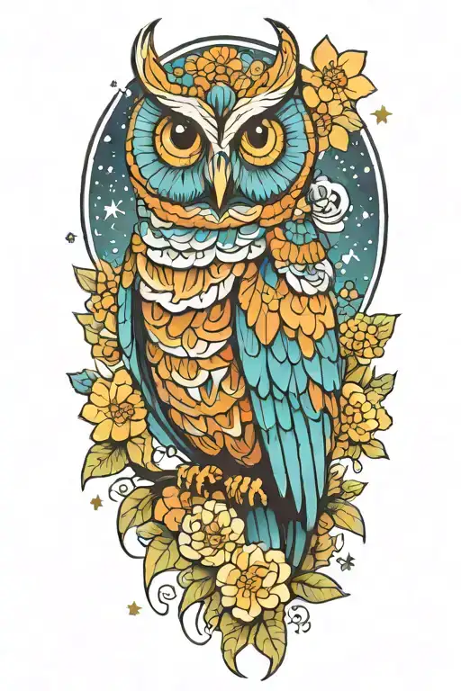 Colorful Owl With A Chrysanthemum Flower And Starry Background