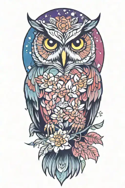 Colorful Owl With A Chrysanthemum Flower And Starry Background