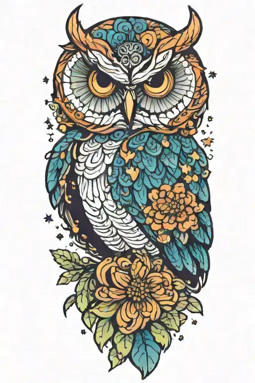 Colorful Owl With A Chrysanthemum Flower And Starry Background