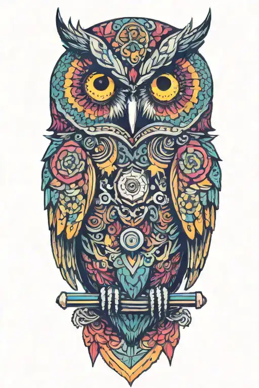 Colorful Owl With A Chrysanthemum Flower And Starry Background That Has Planets And Rockets