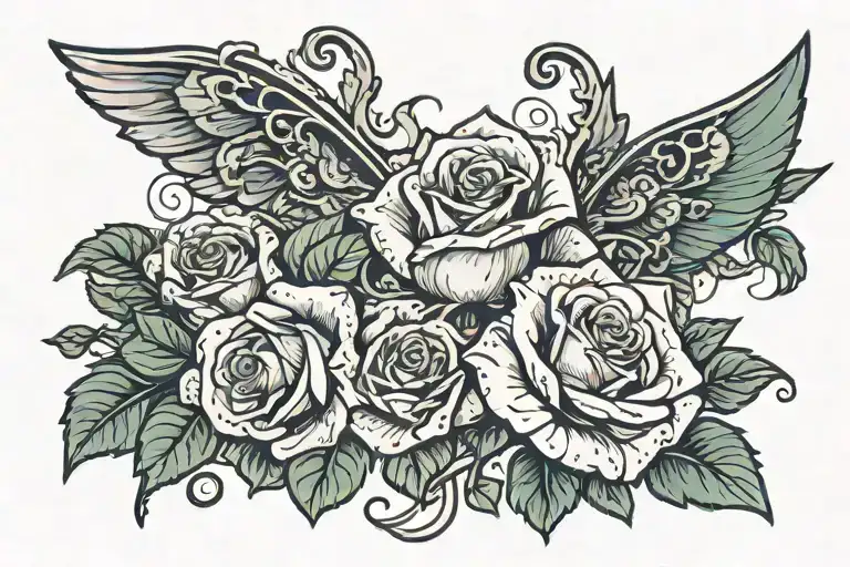 6 Roses With Leaves And Vines With Wings And A Lovebug