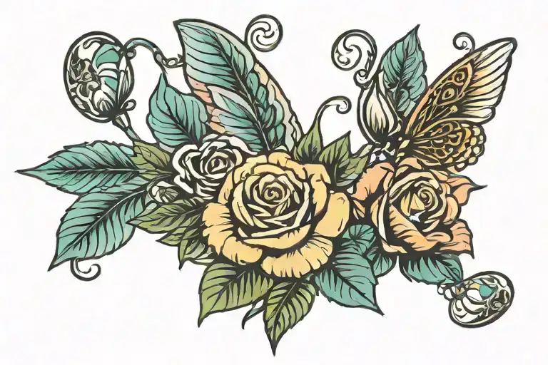 6 Roses With Leaves With Wings And A Lovebug