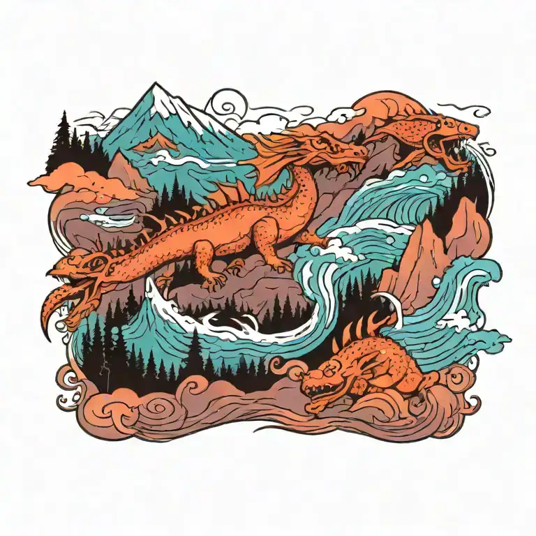 A Mountain Landscape With A Dragon Flying Overhead And A Family Of Fish Swimming Below
