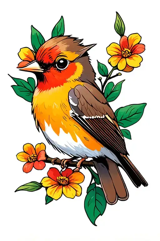 Robin Bird And Flowers