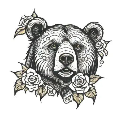 Bear Face Surrounded By Roses With The Name Eric Bear Above It