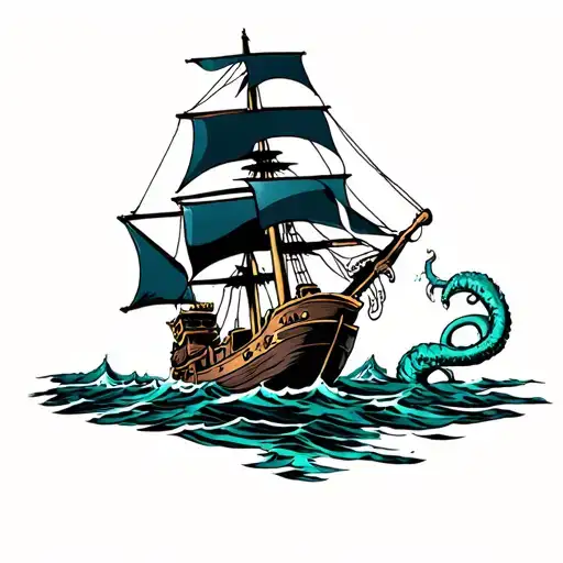 Pirate Ship Sailing Battling With Kraken Emerging
