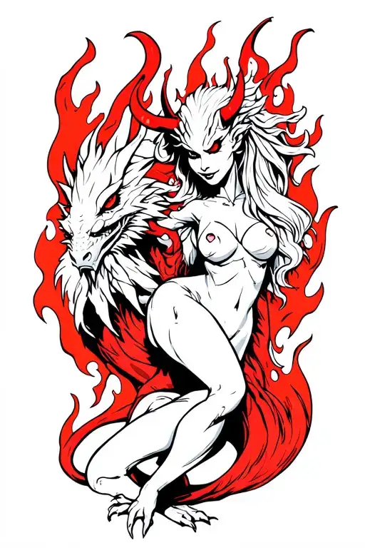 A Devil Woman And A Dragon With Flames Of Red