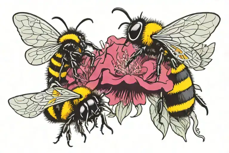 Two Adult Bumblebees With Small Bee Collecting Nectar