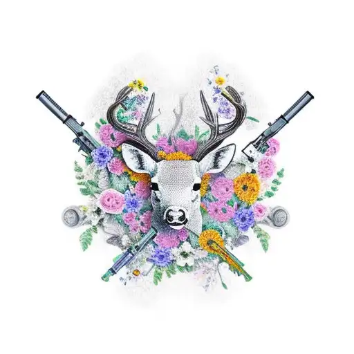 A Gun With Intricate Floral Patterns And A Deer Antler Handle