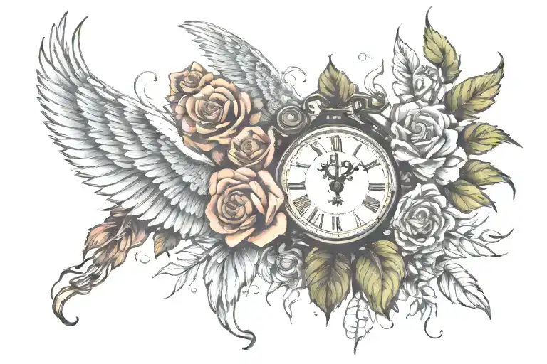Winged Clockc With Nature And Roses And Flowers